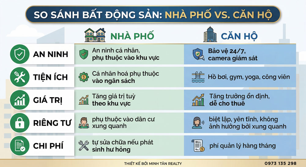 5 tiêu chí so sánh căn hộ và nhà phố