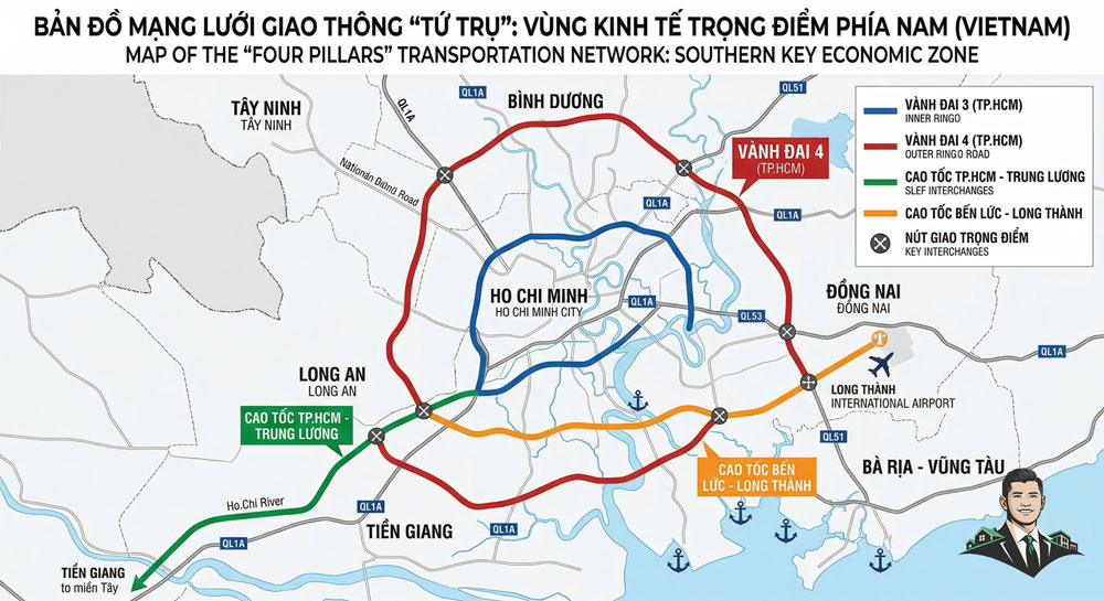 Bản đồ mạng lưới giao thông Vành đai 3 - Vành đai 4 - Cao tốc Trung Lương - Cao tốc Bến Lức Long Thành