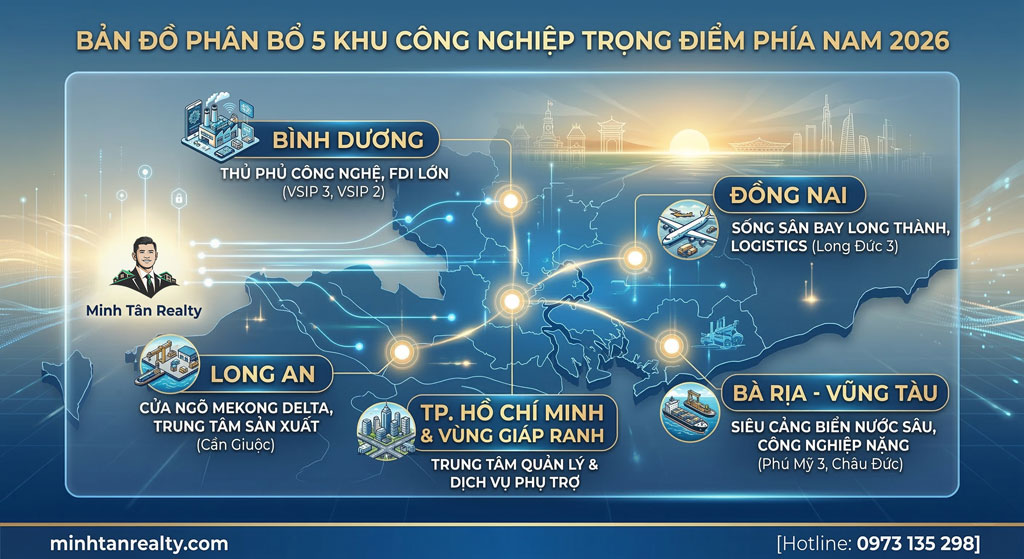 Top 5 Khu công nghiệp phía Nam 2026 tiềm năng nhất 2 Bản đồ 5 khu công nghiệp phía Nam năm 2026 tiềm năng nhất