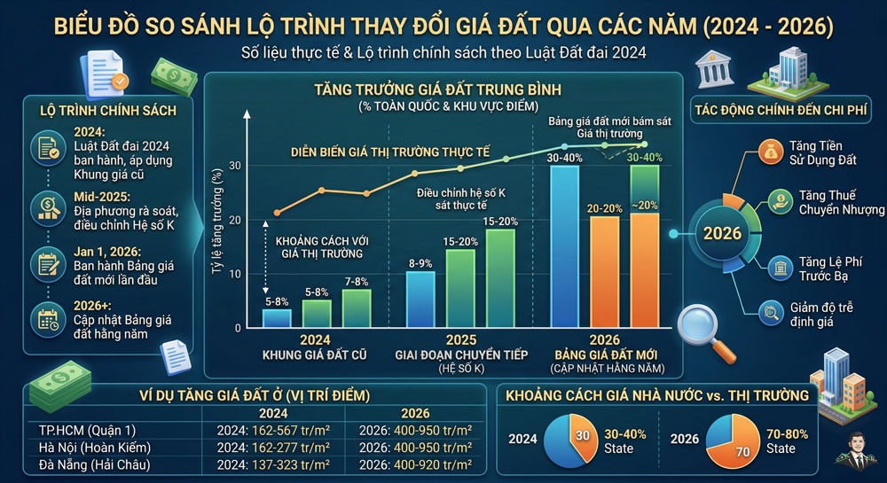 Biểu đồ so sánh lộ trình thay đổi giá đất qua các năm 2024 đến 2026