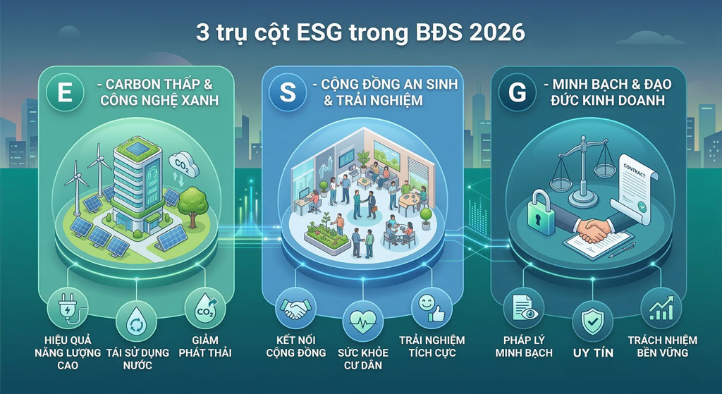 Sơ đồ 3 trụ cột ESG trong đầu tư bất động sản xanh bền vững