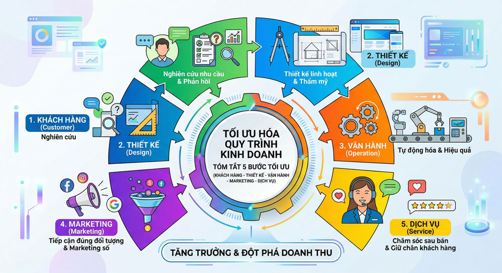 Tóm tắt 5 bước tối ưu Khách hàng - Thiết kế - Vận hành - Marketing - Dịch vụ