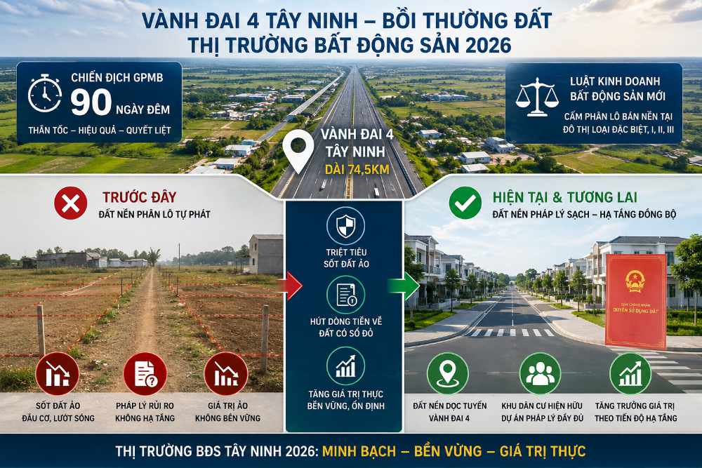 Tác Động Của Chiến Dịch Thi Đua "90 Ngày Đêm" Bồi Thường Giải Phóng Mặt Bằng Đến Giá Đất Nền Dọc Tuyến Vành Đai 4 Tây Ninh 2 Các tác động đến thị trường bất động sản Tây Ninh 2026