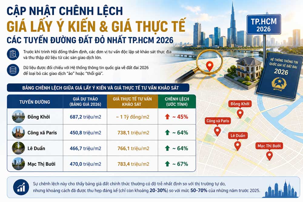 Chênh lệch giá lấy ý kiến và giá thực tế các tuyến đường đắt đỏ nhất tp hcm 2026