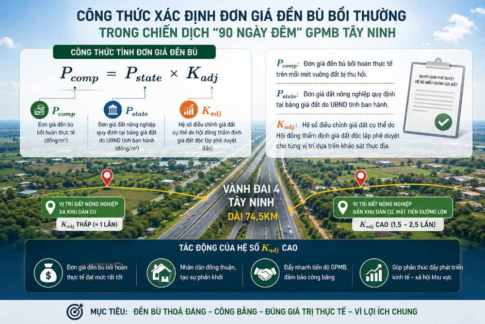 Tác Động Của Chiến Dịch Thi Đua "90 Ngày Đêm" Bồi Thường Giải Phóng Mặt Bằng Đến Giá Đất Nền Dọc Tuyến Vành Đai 4 Tây Ninh 3 Công thức xác định đơn giá đền bù bồi thường trong chiến dịch giải phòng mặt bằng Tây Ninh