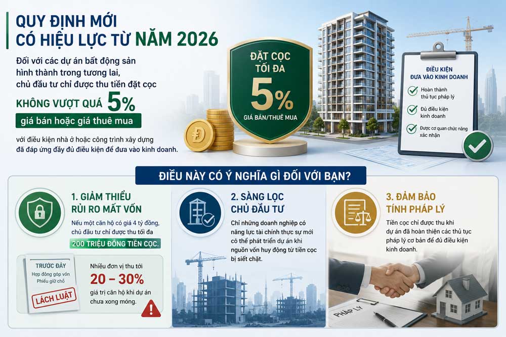 Cảnh Báo Rủi Ro Đặt Cọc Quá 5% Năm 2026: Luật Kinh Doanh BĐS Mới Bảo Vệ Người Mua Như Thế Nào? 2 Quy định giới hạn đặt cọc 5 phần trăm
