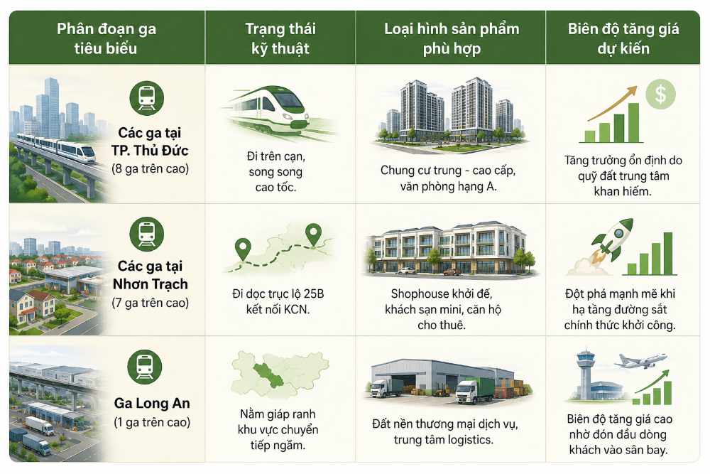 Bảng so sánh tiềm năng đầu tư quanh ga trên cao đường sắt Thủ Thiêm - Long Thành