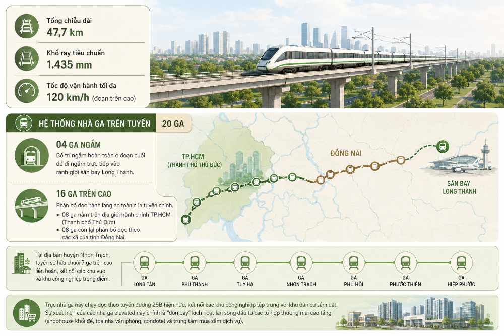 Quy mô kỹ thuật và phân bổ 16 nhà ga elevated dọc tuyến đường sắt Thủ Thiêm - Long Thành