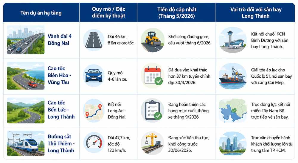 Tổng hợp tiến độ các dự án hạ tầng kết nối quanh Sân bay Long Thành năm 2026
