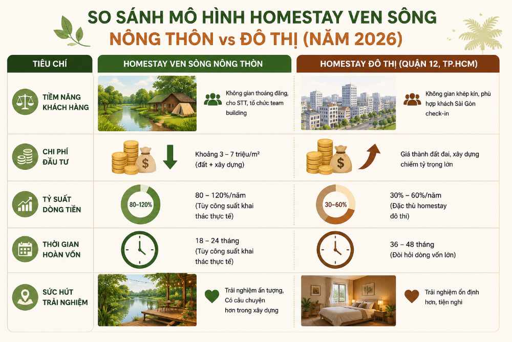 Bảng so sánh mô hình Homestay Ven Sông Nhơn Trạch vs Homestay Đô Thị