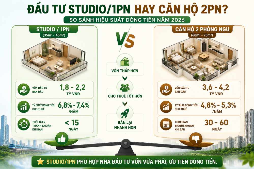 Đầu tư căn hộ studio 1PN hay căn hộ 2PN