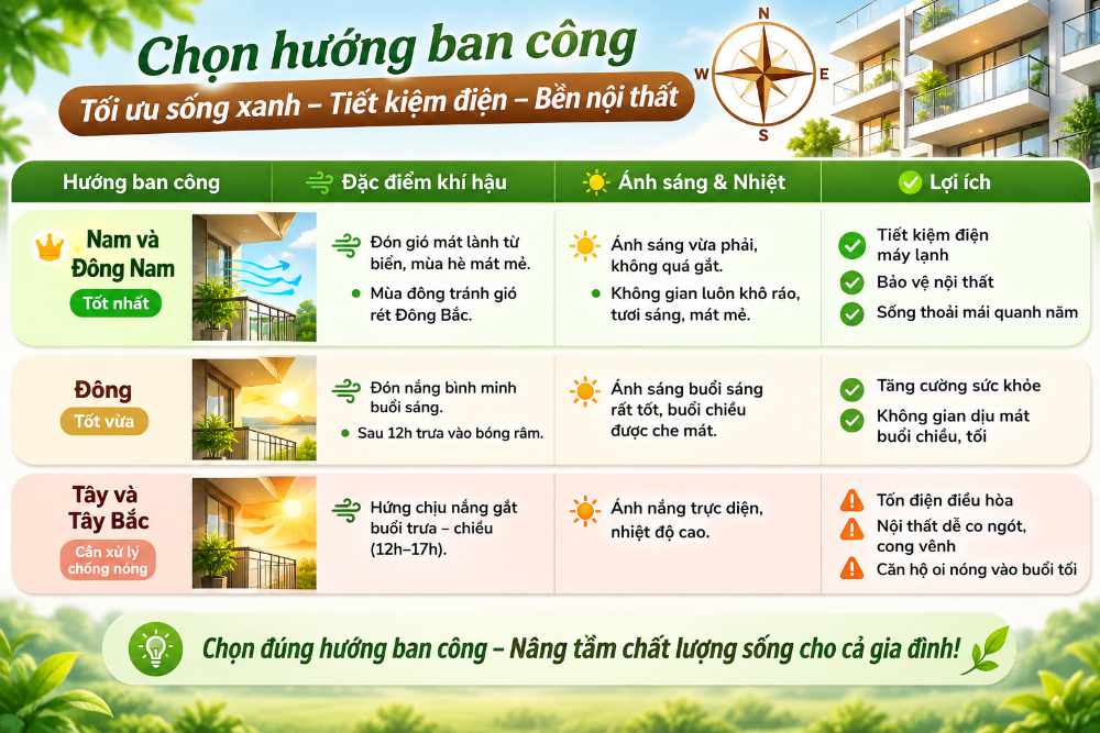 Hướng ban công và giải pháp kỹ thuật cải tạo môi trường sống